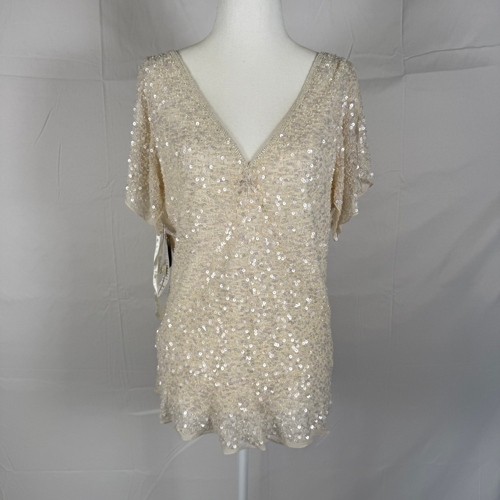NWT Adrianna Papell Evening Essentials Silk Sequin Beaded Fairycore Top Cream XL